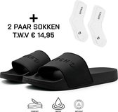 Dutch'D ® Rubberen slipper + GRATIS 2 paar Sport Sokken t.w.v € 13,95 - zwart - Maat 39/40 - anti slip - Comfortabel - Dubbele maten - unisex