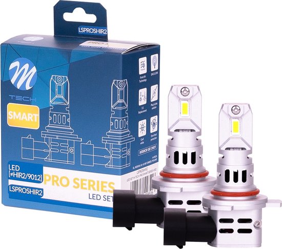 M-Tech LSPROSHIR2 PRO SERIES LED SET. Twee LED lampen met zilverkleurige behuizing, rode ring en zwarte stekker. Blauw met gele doos.