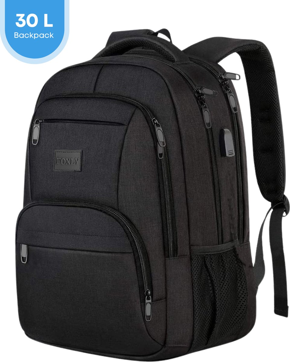 FOXLY® Anti Diefstal Waterdichte Rugzak Inclusief Usb Oplaadstation - Laptop tas t/m 15,6 inch - Dames en Heren en Kinderen - Schooltas - Zwart