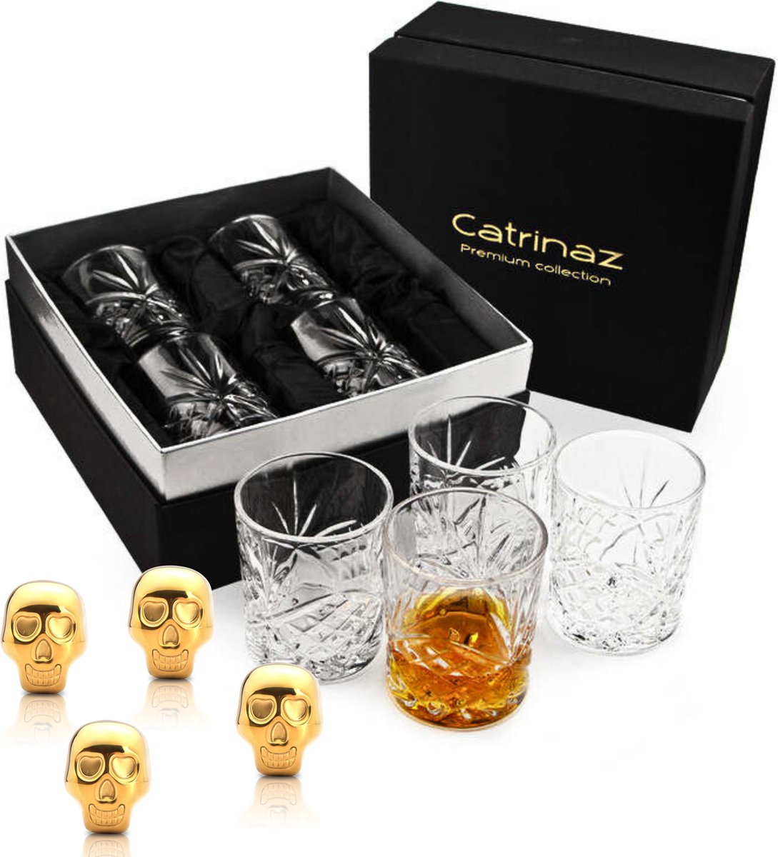 Catrinaz® - Luxe Whiskey glazen set -Incl. 4 whiskey glazen 300 ml - 4 RVS whiskey stenen - Fluwelen opbergzak - Luxe geschenkdoos - Uniek cadeau