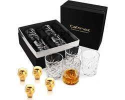 Catrinaz® Whiskey Glazen Set – 4 Glazen 300 ml & 4 Gouden Whiskey Stones – Voor Whiskey, Rum, Tequila & Spirits – Luxe Geschenkverpakking