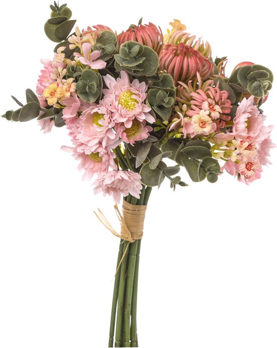 Kiek en Boor - Kunstbloemen wildboeket - Natuurlijk Bloemen - H 34 CM - Roze - Small - kado voor haar - moederdag
