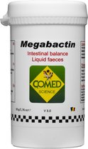 Witte pot met gele, groene en rode tekst. "Megabactin Intestinal balance Liquid faeces". Logo met vogels en "COMED SCIENCE".