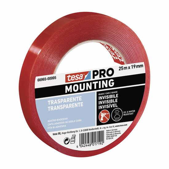 Tesa PRO MOUNTING tape, transparant, 25m x 19mm, rol met rode beschermlaag.