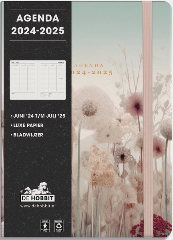 Hobbit - Agenda A5 - 2024-2025 - 1 week op 2 pagina's - A5 (14,8 x 21 cm) - Veldbloemen zachtroze