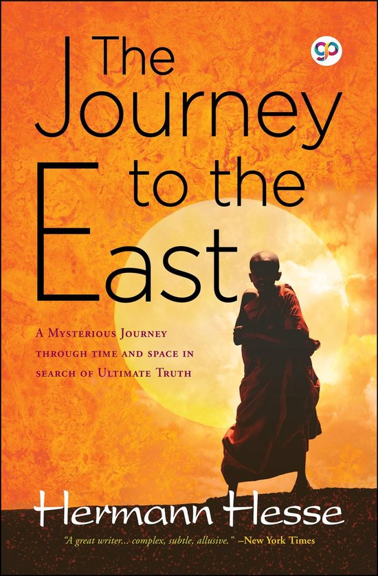 Boek 'The Journey to the East' van Hermann Hesse, met een monnik in oranje gewaad tegen een zonsondergang.