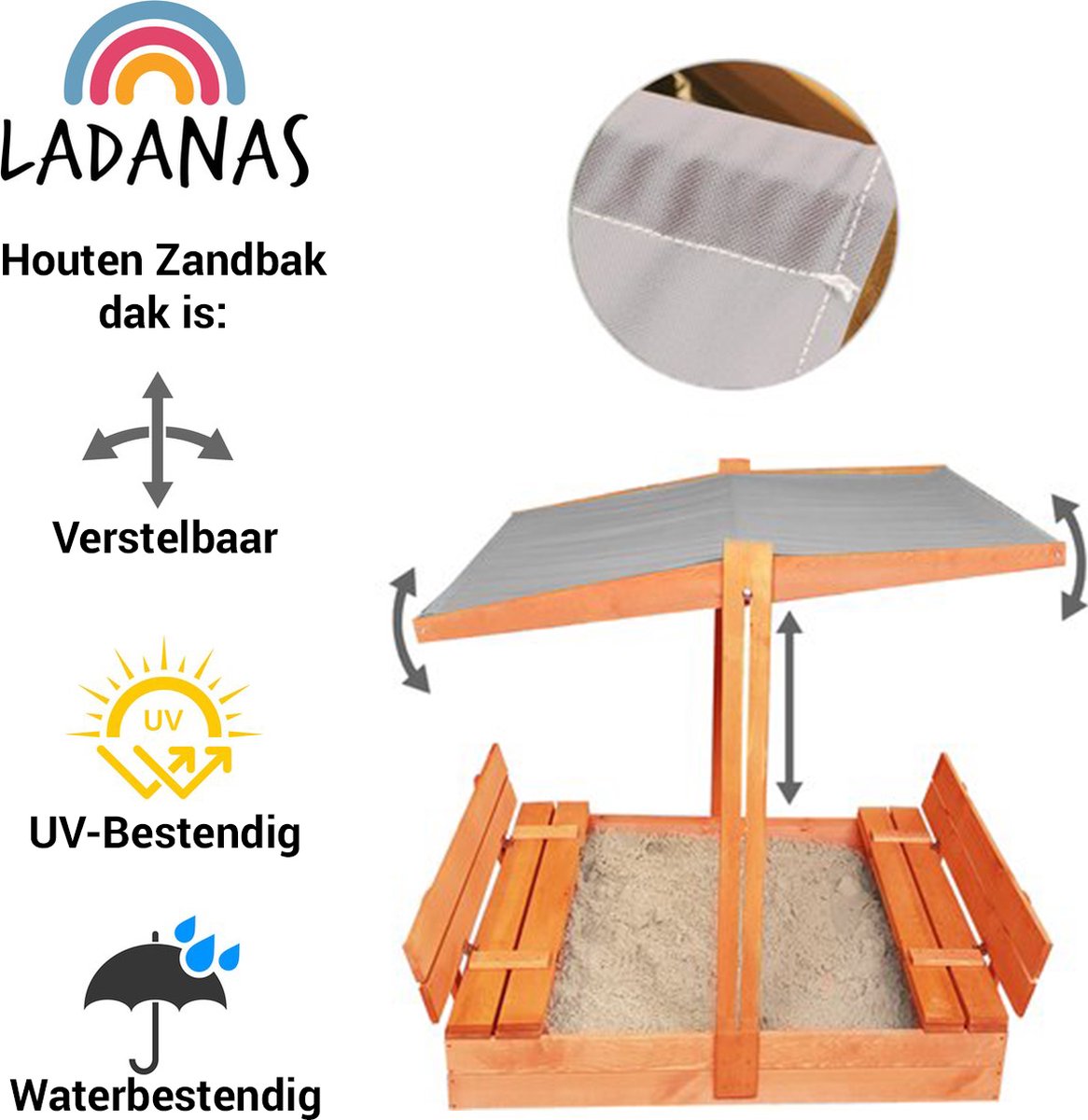Afsluitbare XL Zandbak met Dak 140x140 cm – Gecertificeerd & Geïmpregneerd Hout | Incl. AFDEKZEIL, GRONDDOEK & Montagevideo | Voor 2-3 Kinderen | Grijs — afbeelding 8
