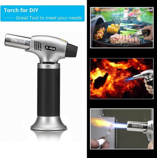 RONXS geflambeerde brander, bunsenbrander keuken compact voor crème brulée, jet flame aansteker - 2 jet flames traploos regelbaar (navulbaar, gas niet inbegrepen