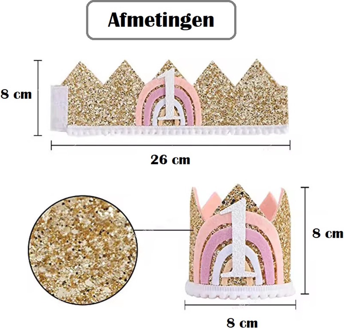 Verjaardagskroon Baby 1 Jaar – Meisje Eerste Verjaardag – Rosé Goud Glitter Kroontje – Regenboog Design – Feesthoedje met Klittenband — afbeelding 3