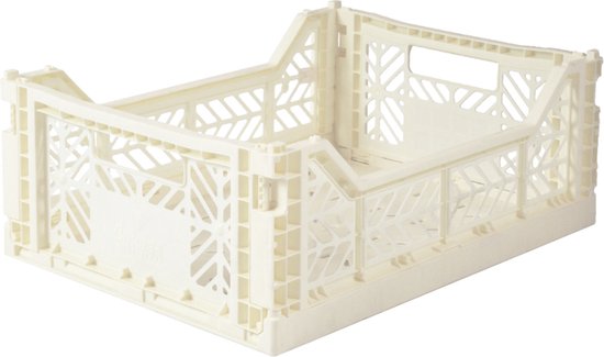 Een opvouwbare, crème-kleurige opbergkrat van AyKasa met open zijkanten en een decoratief patroon.