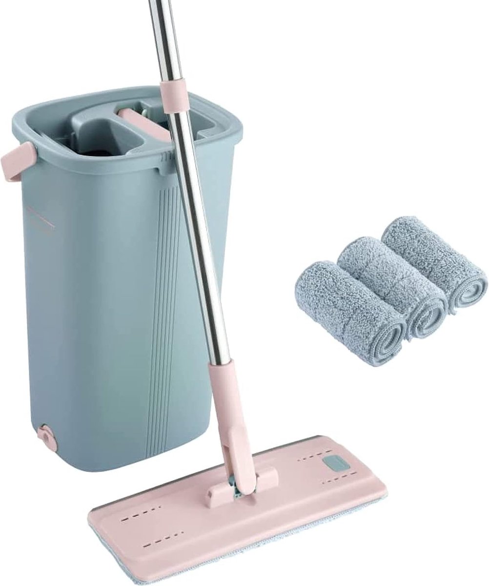 Goedkoopste Mop- en emmerset. Roze Platte Microfiber Dweilmop met RVS Handvat, Innovatieve Dubbelkameremmer voor nat en droog gebruik. 2 Herbruikbare pads, geschikt voor alle vloeren.