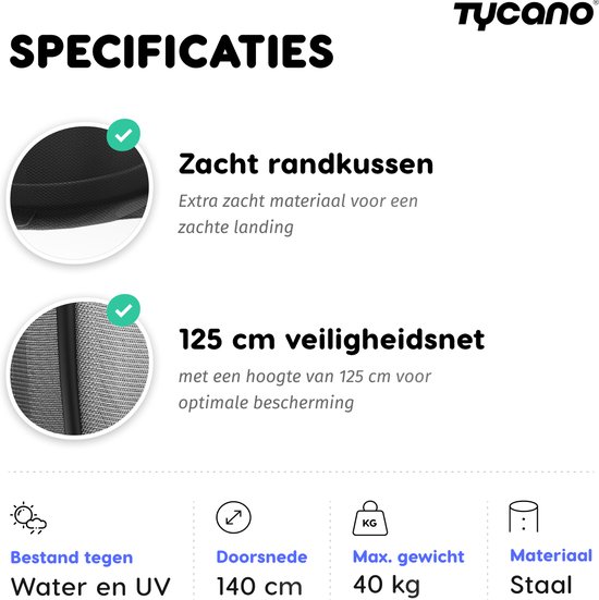 Specificaties kinder trampoline: zacht randkussen, 125 cm veiligheidsnet, bestand tegen water en UV, doorsnede 140 cm, max gewicht 40 kg, materiaal staal.