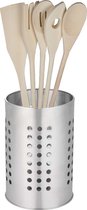 5Five Keukengerei kooklepels spatels set 5-delig - bamboe - in zilveren rvs houder van 11 x 17 cm