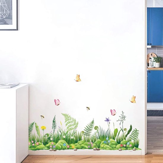 Muurstickers Gras Bloem Muurtattoo Vlinders Varens - Wanddecoratie voor Woonkamer en Slaapkamer