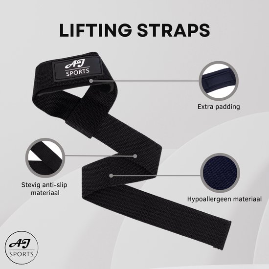 AJ-Sports Lifting Straps – Straps - Lifting grips – Wrist wraps - 2 stuks - Powerlifting – Fitness – Krachttraining - Padding & anti slip – Zwart - AJ-Sports