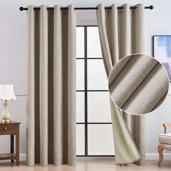 Topfinel Gordijnen voor de woonkamer, linnen, met ringen, set van 2, 280 x 140 cm, landhuisstijl, lichtfilterende gordijnen met ringen, half-transparant, voor kinderkamer, slaapkamer, Gordijnen voor