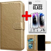 Casemania Hoesje Geschikt voor Samsung Galaxy A15 - Goud & Glazen Screenprotector - Luxe Portemonnee Book Case