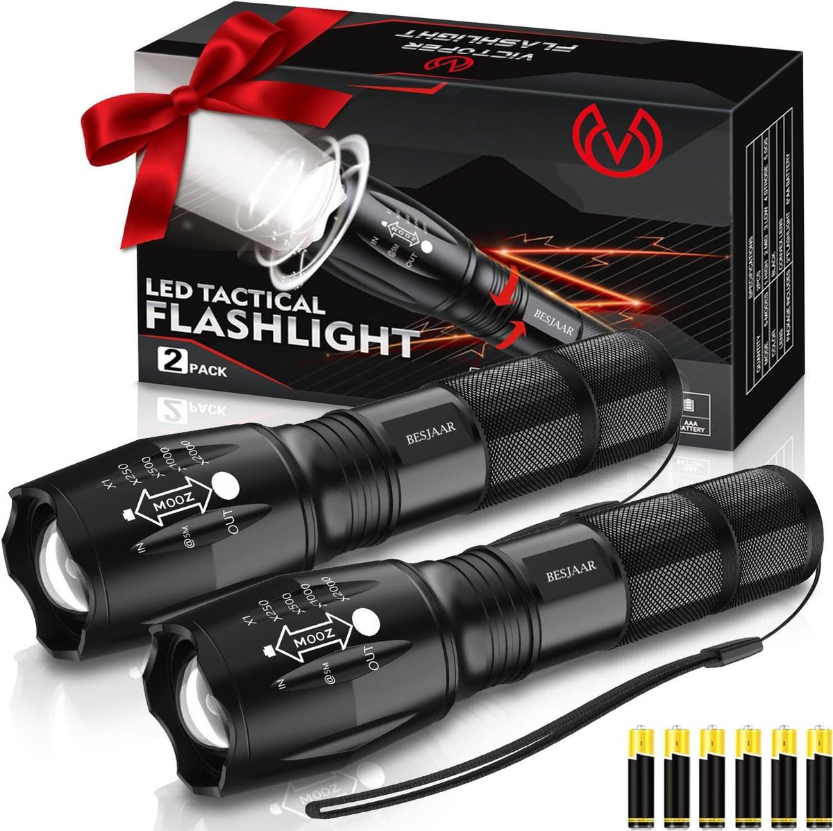 Besjaar Zaklamp - Militaire zaklamp - LED zaklamp - 1000 Lumen - Inzoombaar 2 stuks - incl Alkalinebatterijen - waterproof zaklamp