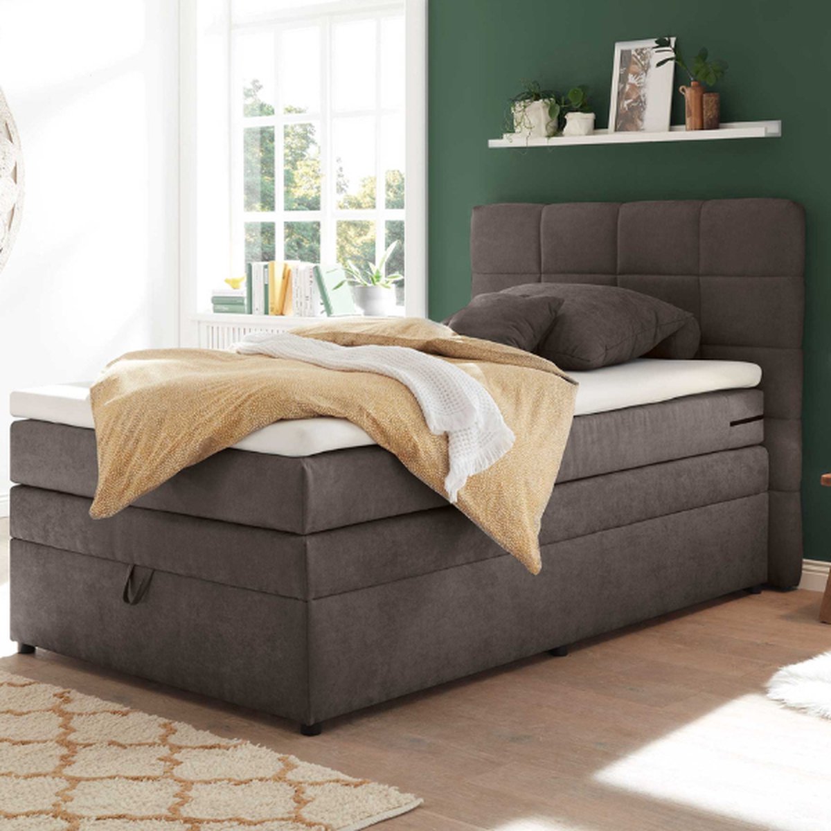 Boxspring Tahoe 120x200cm Met Opbergruimte - Taupe - Emob - Eenpersoons Boxspring - Taupe - Textiel; Polyester Twijfelaar (120 Cm Breed) Normaal Bed