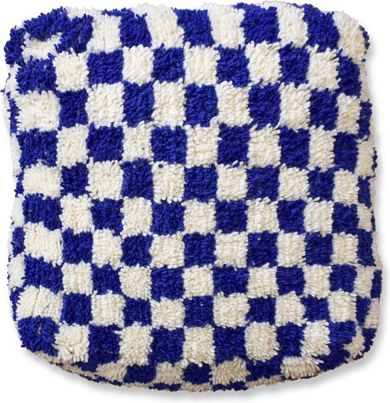 Poufs&Pillows geblokt vloerkussen - handgeweven blauw met wit kussen - 100 % wol - 60 x 60 x 20 cm - gevuld geleverd - vervaardigd uit natuurlijke materialen