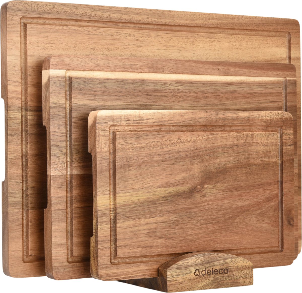 Deleca 3-Delige Snijplankenset met Houder (40x30 / 33x24 / 26x18 cm) - Voor Keuken, Snijplanken, Serveerplank, Kaasplank, Borrelplank en Tapasplank - Snijplank Acacia Hout op Prijzenvolger.com
