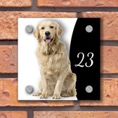 Naambordje voordeur - Golden retriever - 15x15cm - Dibond Wit - Incl. Bevestigingsset + afstandhouders | Vierkant, variant #26 - naambordjes - naambordje voordeur met huisnummer - naambordje huisnummer - hond