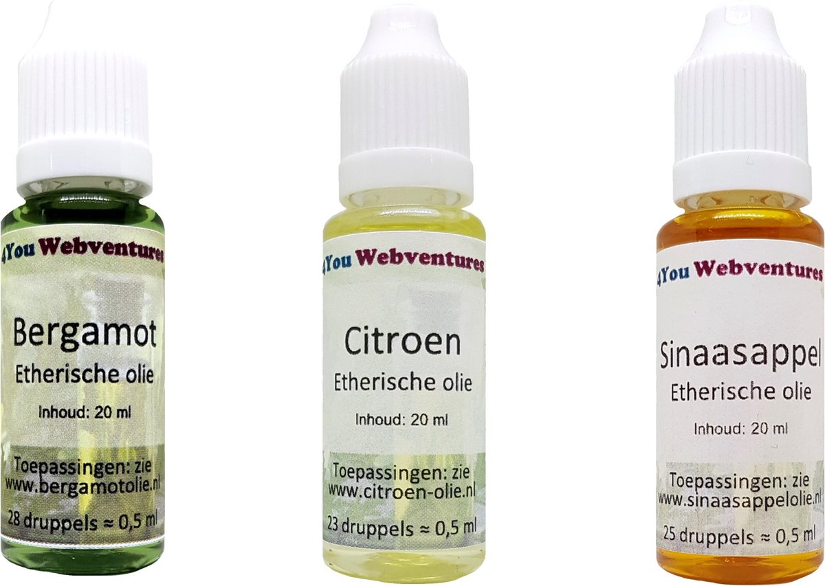 Goedkoopste Etherische olie set citrusgeuren 3 x 20 ml - 20 ml bergamotolie - 20 ml citroenolie - 20 ml sinaasappelolie - essentiële oliën met een citrus geur - bloem - plant - vrucht - essential oils citrus fruits scents - bergamot - citroen - sinaaasappel