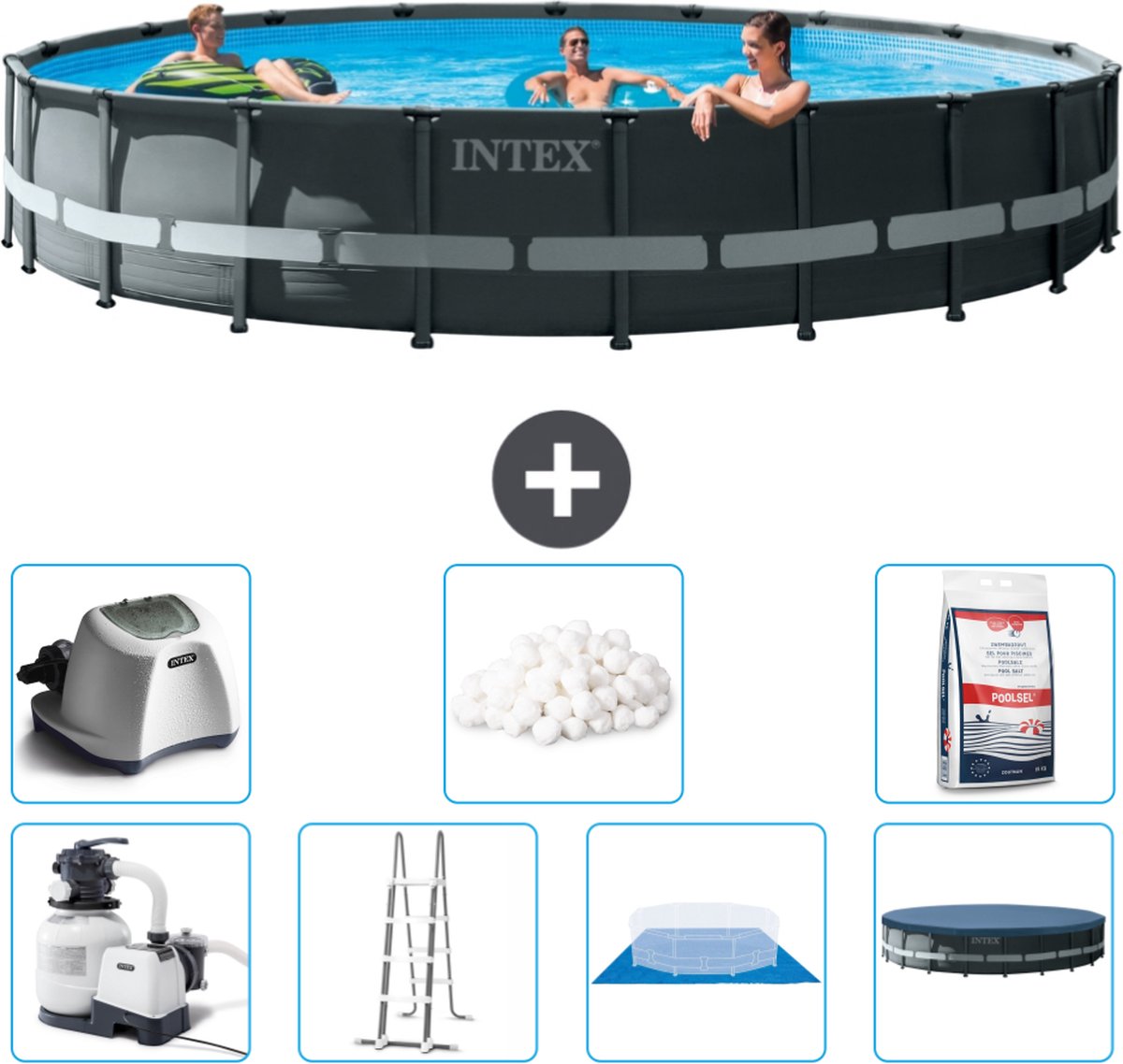 Intex Rond Ultra XTR Frame Zwembad - 610 x 122 cm - Inclusief Pomp - Ladder - Grondzeil - Afdekzeil Zoutwatersysteem - Filterbollen - Zwembadzout