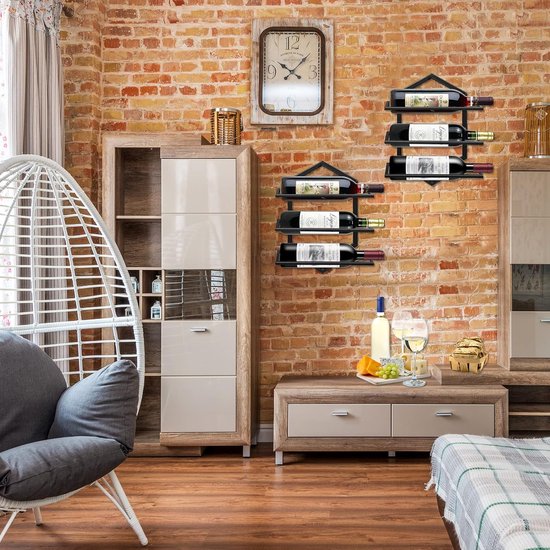 Wijnrekken Wandmontage Hout Metaal | Hangende Wijnglashouder | Wijnplank met glazen houder | Hangende wijnflessenhouder | Houten opbergunit voor wijnrek