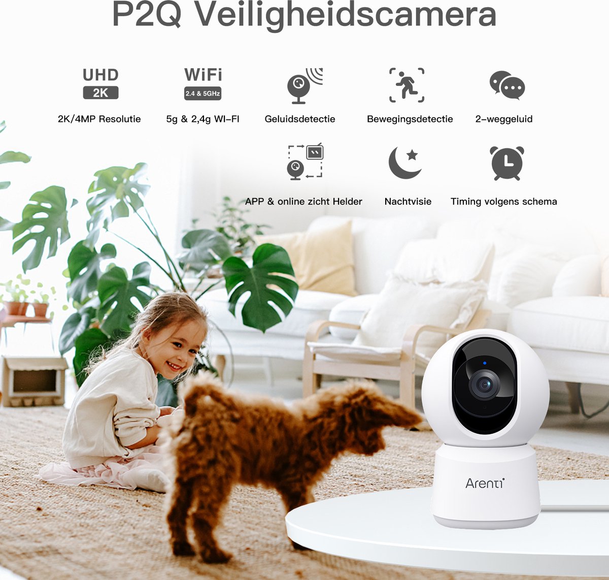 Afbeelding 2 van Arenti P2Q Wifi Beveiligingscamera Voor Binnen - Huisdiercamera - Babyfoon - 4MP - Beweegbaar - Dual-Band Wifi - Draadloos - Full360° bewaking - Geen Blinde Vlekken - Geen Maandelijkse Kosten - HD - Besturing via App - Onvif