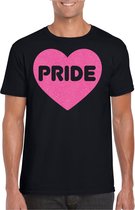 Bellatio Decorations Gay Pride T-shirt voor heren - pride - roze glitter hartje - zwart - LHBTI S