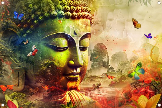 Affiches Bouddha - Affiche Spiritualité - Affiche de jardin Papillon - Affiche extérieure - Tableaux de jardin extérieur - Décoration de Jardin décoration murale affiche de jardin 150x100 cm