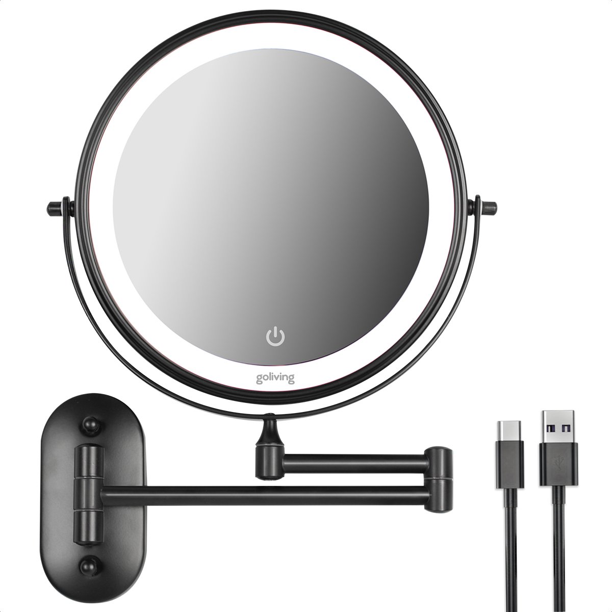 Goliving Make Up Spiegel Met Verlichting - Ø25 cm - 10x Vergroting - Dimbare Make-upspiegel - Scheerspiegel - LED Verlichting - USB-C Oplaadbaar - Dubbelzijdig - 27 x 27 cm - Zwart