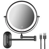 Goliving Make Up Spiegel Met Verlichting - Ø23 cm - 10x Vergroting - Dimbare Make-upspiegel - Scheerspiegel - LED Verlichting - USB-C Oplaadbaar - Dubbelzijdig - Zwart
