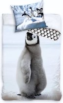 1-persoons kinder dekbedovertrek (dekbed hoes) wit / licht blauw met schattige pinguïn op het ijs / ijsschots (winter dieren Noordpool) KATOEN eenpersoons 140 x 200 cm (cadeau idee kinderkamer / slaapkamer)