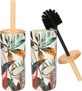 5Five 2x stuks WC-/toiletborstel met houder wit met gekleurd tropisch blad zandsteen/bamboe 38 cm