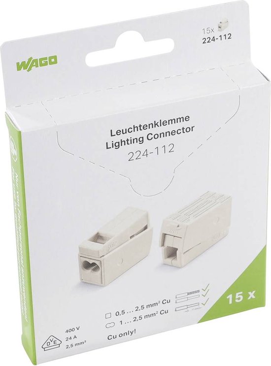 Borne pour luminaires WAGO 224-112 flexible: 0.5-2.5 mm² rigide: 1-2.5 mm² Nombre de pôles: 3 blanc 15 pc(s)