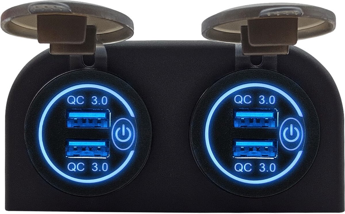 ProRide® 12V USB Stopcontact 2 Poorten met Schakelaar - Tweevoudig Opbouw - QC3.0 - PUSB1QC-B - USB Autolader, Boot en Camper - Blauw