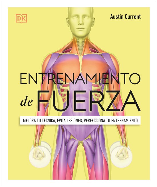 Livre 'Entrenamiento de Fuerza' avec illustration de muscles humains en rouge, violet et orange. Titre : 'Entrenamiento de Fuerza'.