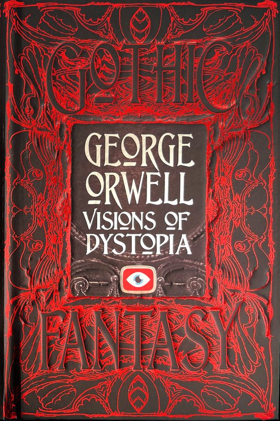 Boek 'George Orwell Visions of Dystopia' met rode, gestileerde rand en een oog-icoon.