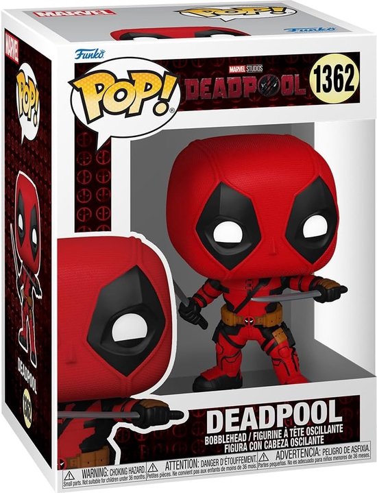 Funko Pop! Marvel Deadpool #1362 figuur in rood en zwart kostuum met twee zwaarden.