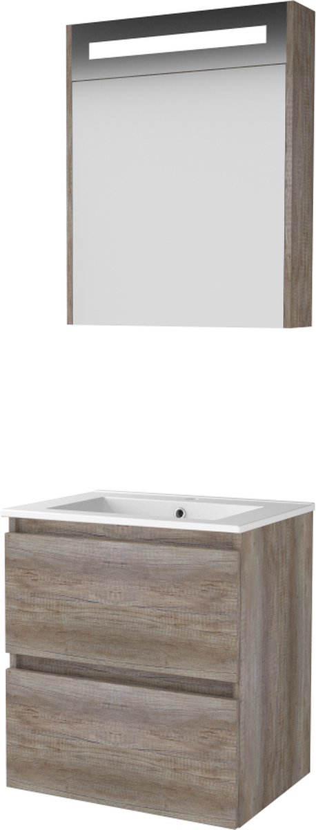 Basic Premium 46 badmeubelset met spiegelkast met geïntegreerde LED verlichting, greeploze wastafelonderkast met 2 lades en porseleinen wastafel met 1