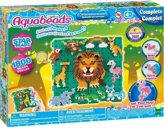 Aquabeads 'Wild Safari Scene' doos met afbeelding van de spel set, de dieren en de Aquabeads logo.