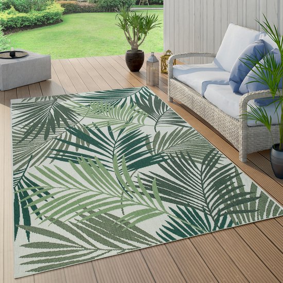 Paco Home Buiten Vloerkleed Tapijt Voor Binnen En Buiten Balkon Terras Keuken Tapijt Palm Jungle Patroon Bloemen Boho Groen, Maat: 120 cm rondje, Kleur:Groen
