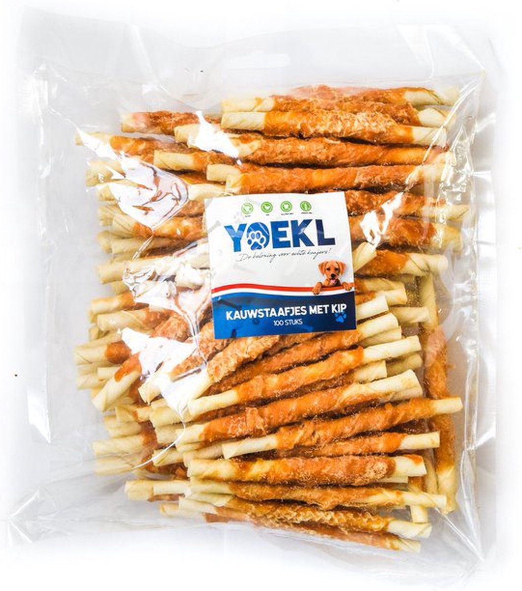 YOEKL Kauwstaafjes - Met Kip - 100 stuks Hondensnack - Hondensnacks gedroogd - Hondensnoepjes - Kauwbot - Kauwstaaf Hond