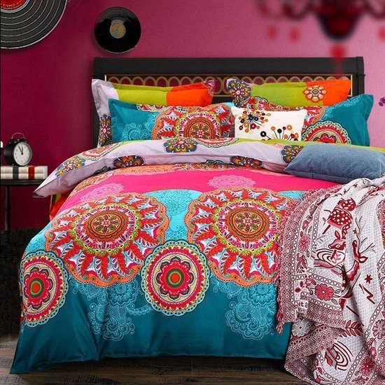 Boho Beddengoedset, 135 x 200 cm, 4-delig, Indishes design, mandala, Boheemse stijl, 100% microvezel, roze, turquoise, omkeerbaar beddengoed met kussenslopen 80 x 80 cm, ritssluiting