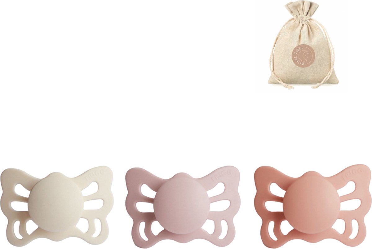 Goedkoopste Frigg butterfly spenen siliconen anatomisch T1 (0-6 maanden) met speenzakje - Cream, Blush en Peach - fopspenen