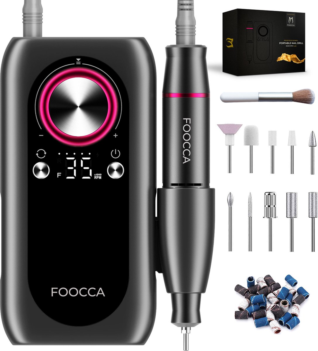 FOOCCA® Portable Pro Max - Elektrische Nagelvijl 45000 RPM - Draadloos & Oplaadbaar - Nagelfrees - Manicure en Pedicure Set - Eeltverwijderaar - 6000 mAh Accu - Powerbank Functie - 18 Bitjes en 65 Schuurrolletjes (uitbreidbaar) - 3 Extra Accessoires op Prijzenvolger.com