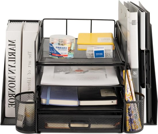 Mesh Desk Organizer with 4 Drawers, Desktop Organizer with Paper Letter Tray, Mesh Office Supplies, File Storage and Desk Organizer for Home Office (Black