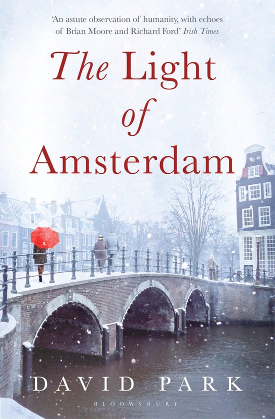 Boek 'The Light of Amsterdam' van David Park, met een winterse brug in Amsterdam.